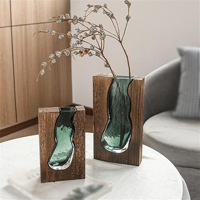 Houten vaas - handgesneden inlay - glazen binnenvaas - voor droogbloem