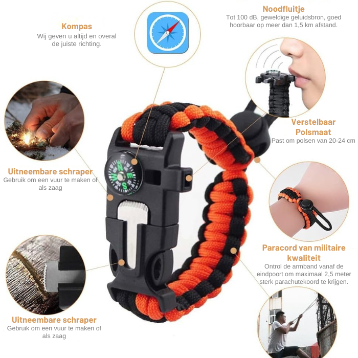 Survival Armband – Multifunctioneel – Paracord – Met Kompas, Fluitje en Schraper