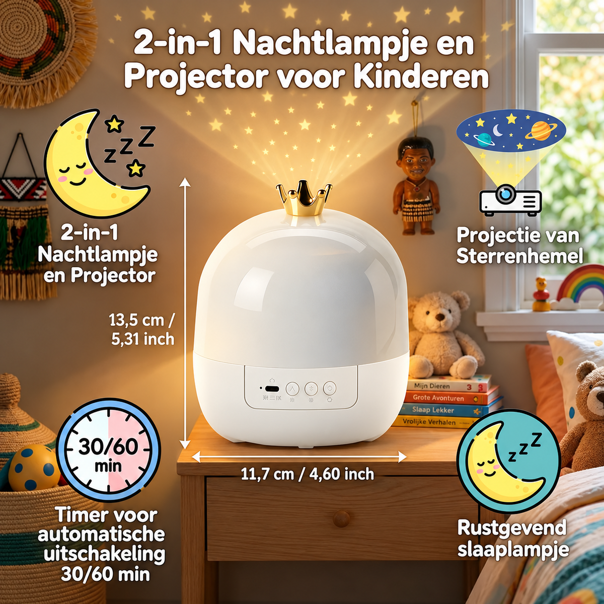 Fittershape 2-in-1 Nachtlampje & Projector – met rustgevende muziek