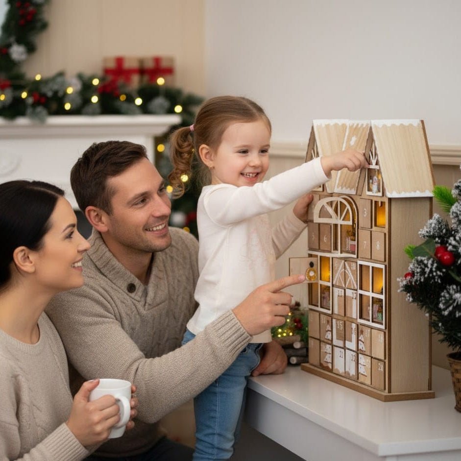 Kerst Adventskalender – Houten Huis – Met LED Verlichting – 24 Deurtjes