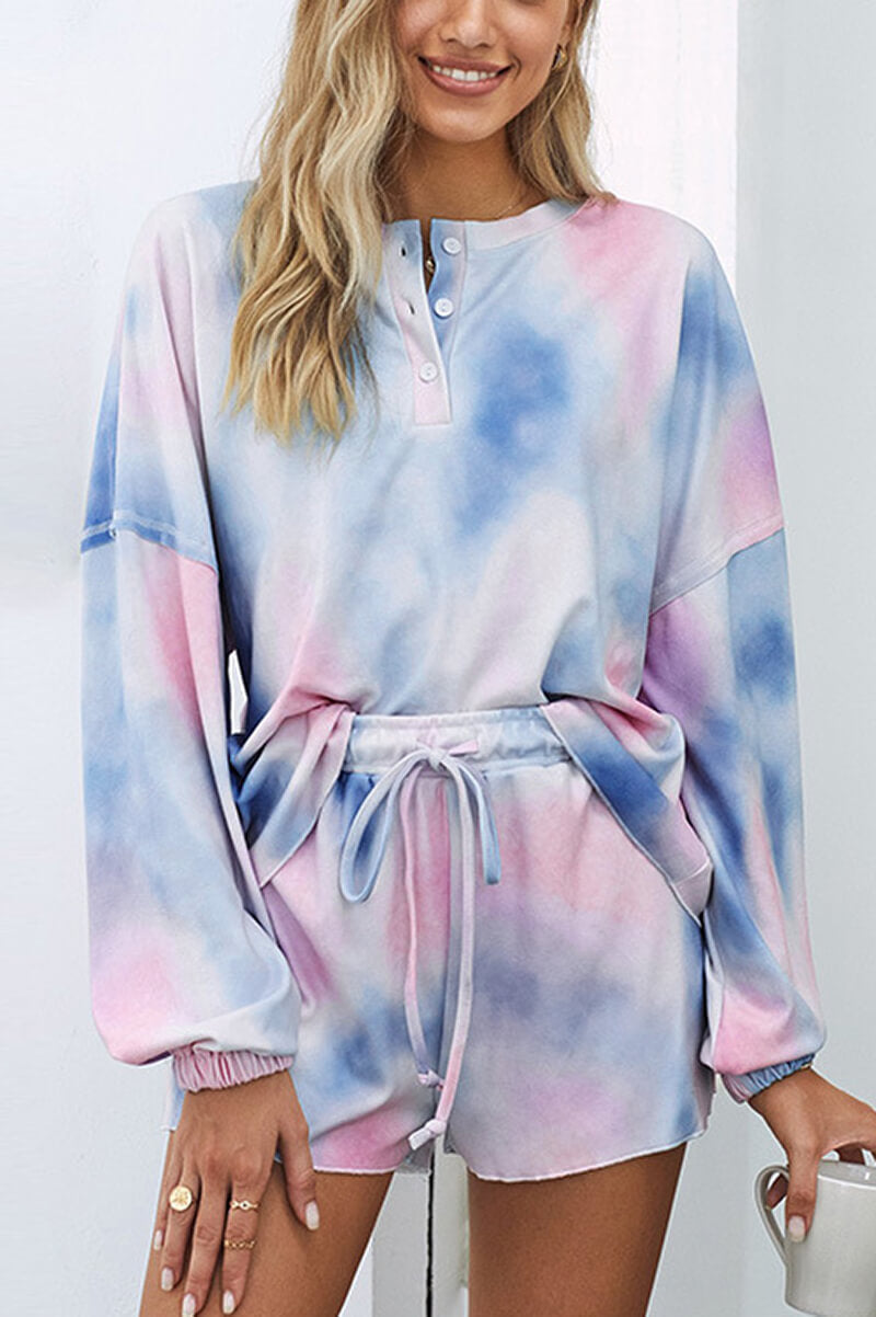 Dames 2-delige Pyjama Set met Tie-Dye Long Sleeve Top en Shorts