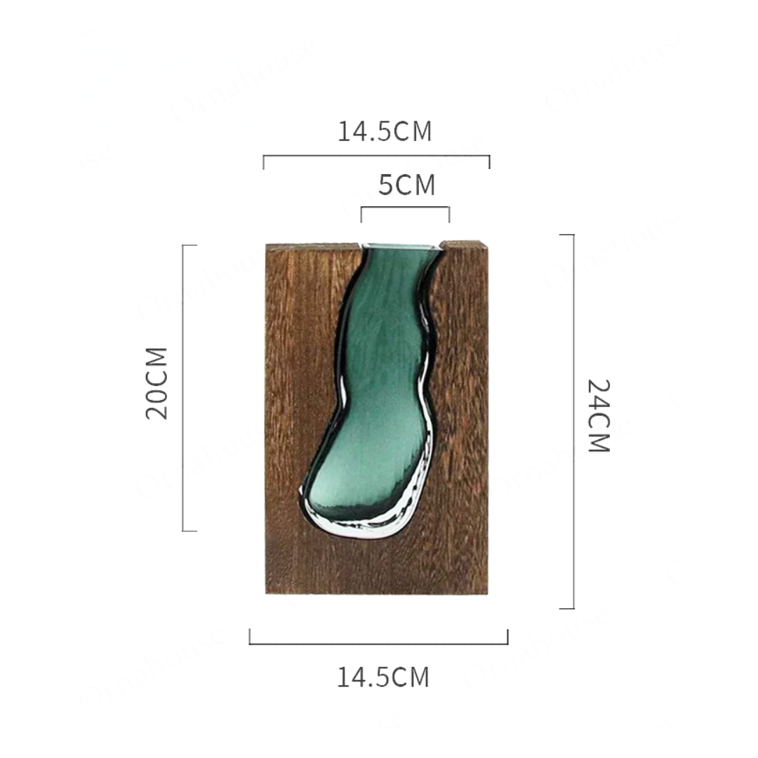 Houten vaas – handgesneden inlay – glazen binnenvaas – voor droogbloemen & takken