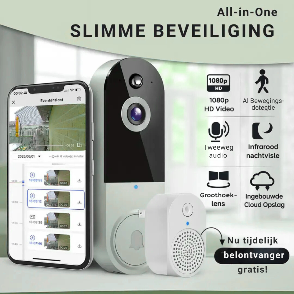 Slimme Deurbel – 1080p HD Beveiliging – Met Bewegingsdetectie en Tweeweg Audio