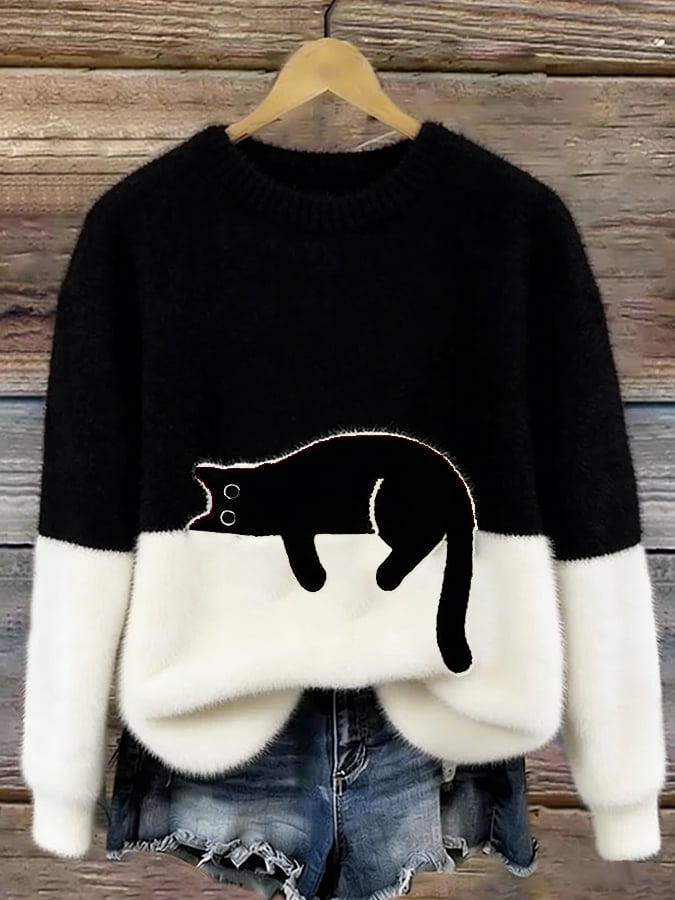 Trui met Katmotief – Zachte Stof – Casual – Voor Dames