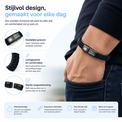 Fittershape Diabetes Bracelet – medische alertheid met lederen band
