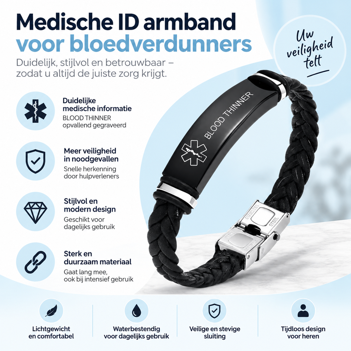 Fittershape Blood Thinner Medical Alert ID Bracelet – voor heren