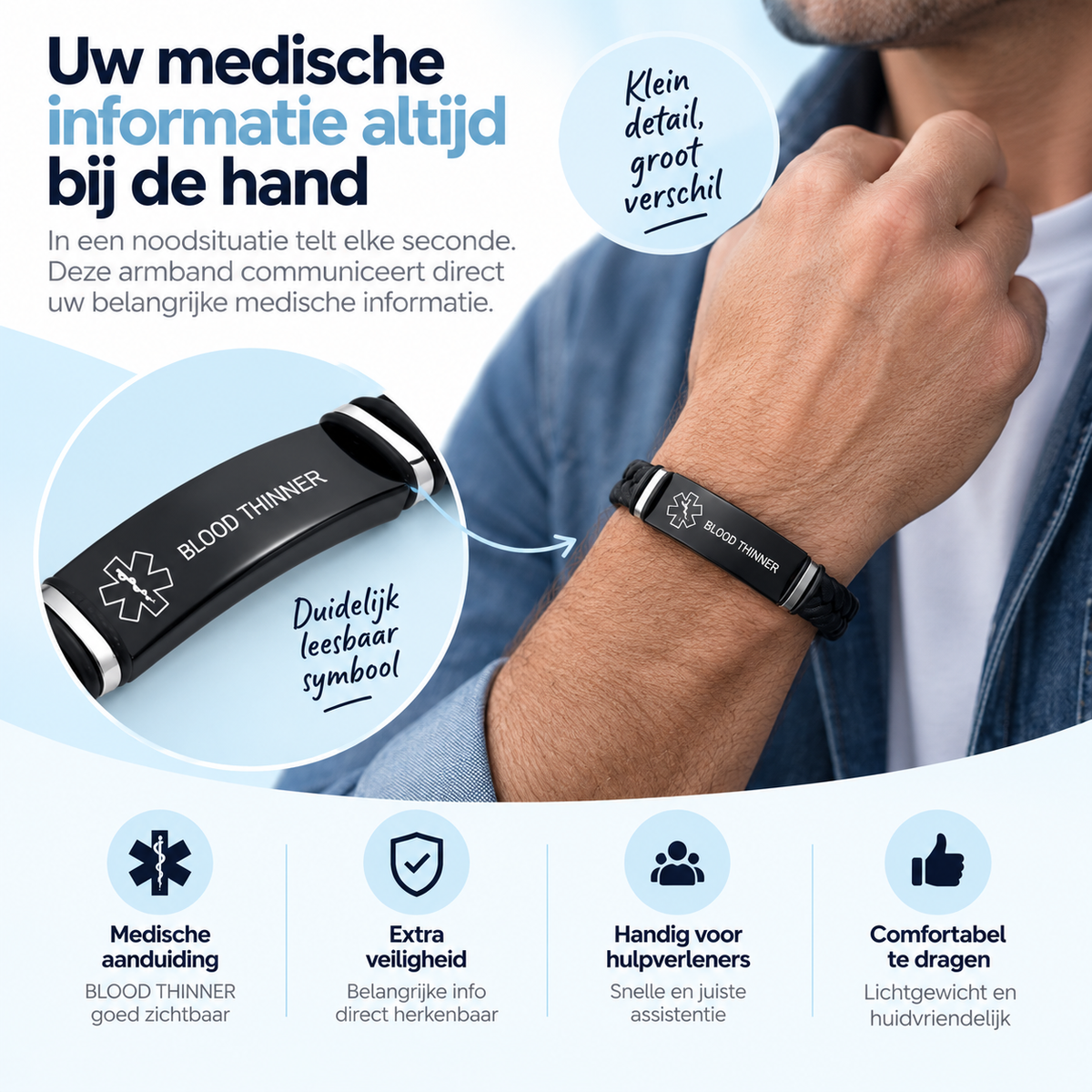 Fittershape Blood Thinner Medical Alert ID Bracelet – voor heren