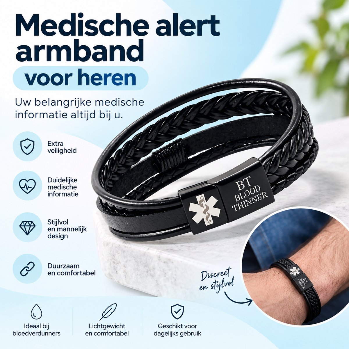Fittershape Blood Thinner Medical Alert ID Bracelet – voor heren