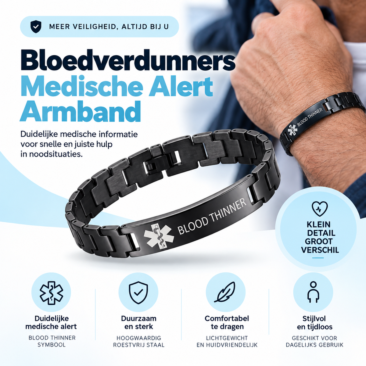 Fittershape Blood Thinner Medical Alert ID Bracelet – waterbestendig voor heren
