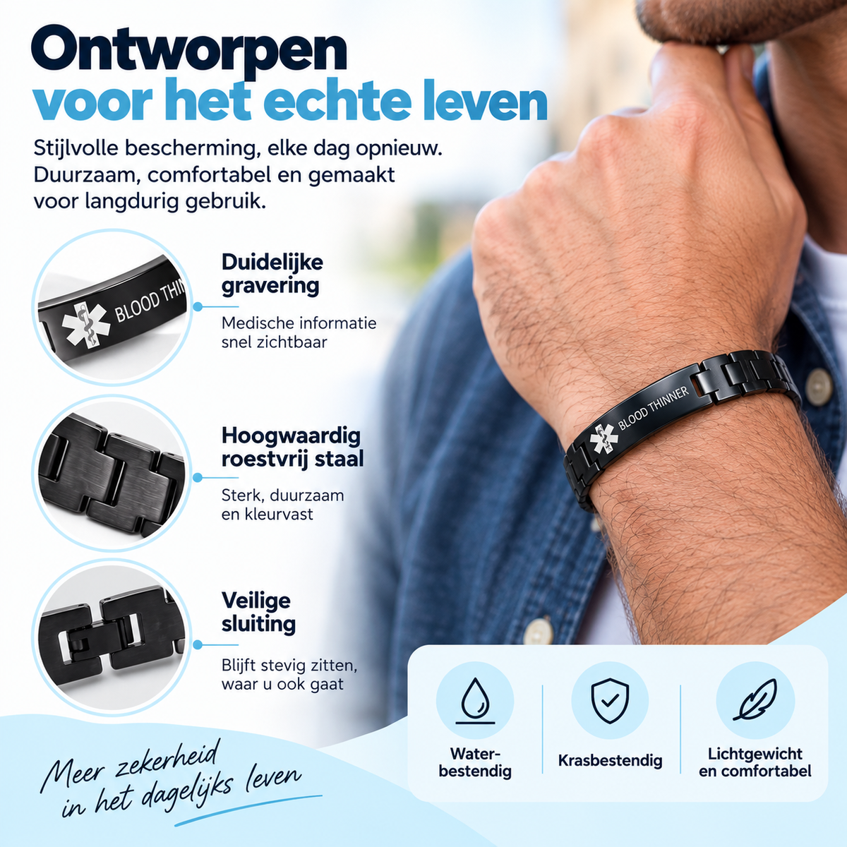 Fittershape Blood Thinner Medical Alert ID Bracelet – waterbestendig voor heren