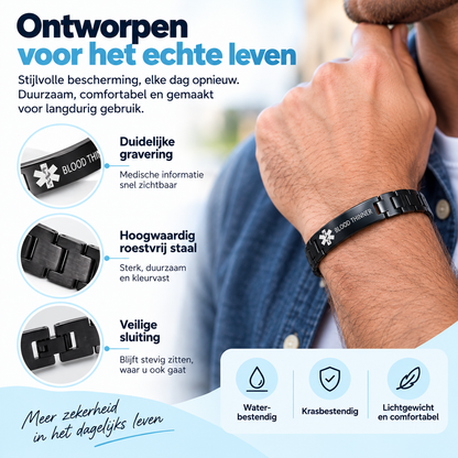 Fittershape Blood Thinner Medical Alert ID Bracelet – waterbestendig voor heren