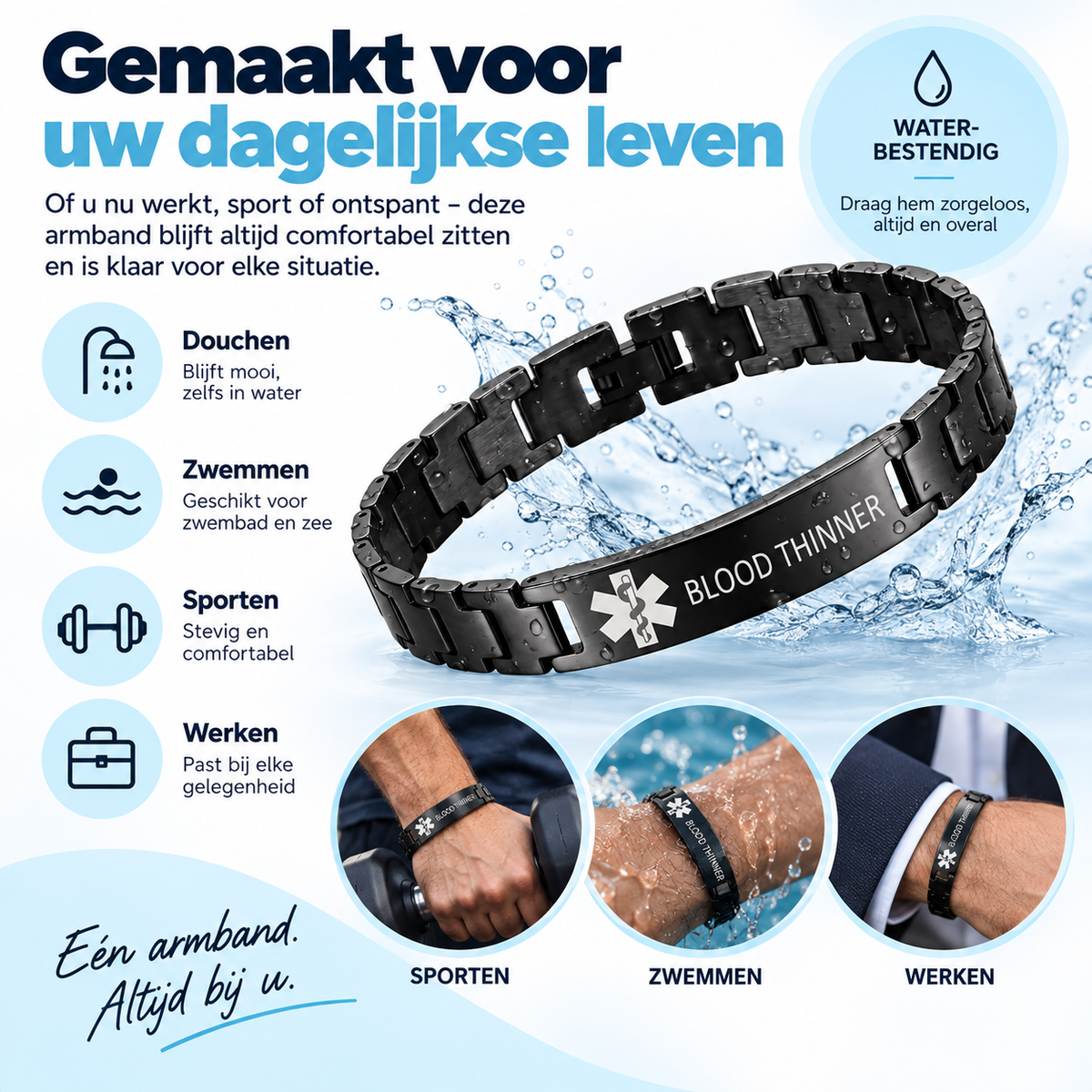 Fittershape Blood Thinner Medical Alert ID Bracelet – waterbestendig voor heren