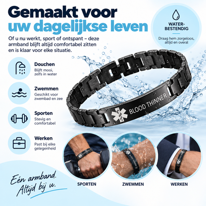 Fittershape Blood Thinner Medical Alert ID Bracelet – waterbestendig voor heren