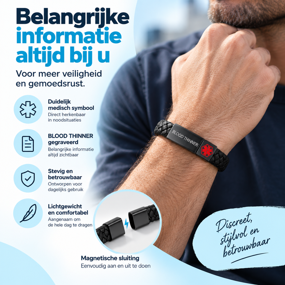 Fittershape Blood Thinner Medical Alert ID Bracelet – met magnetische sluiting