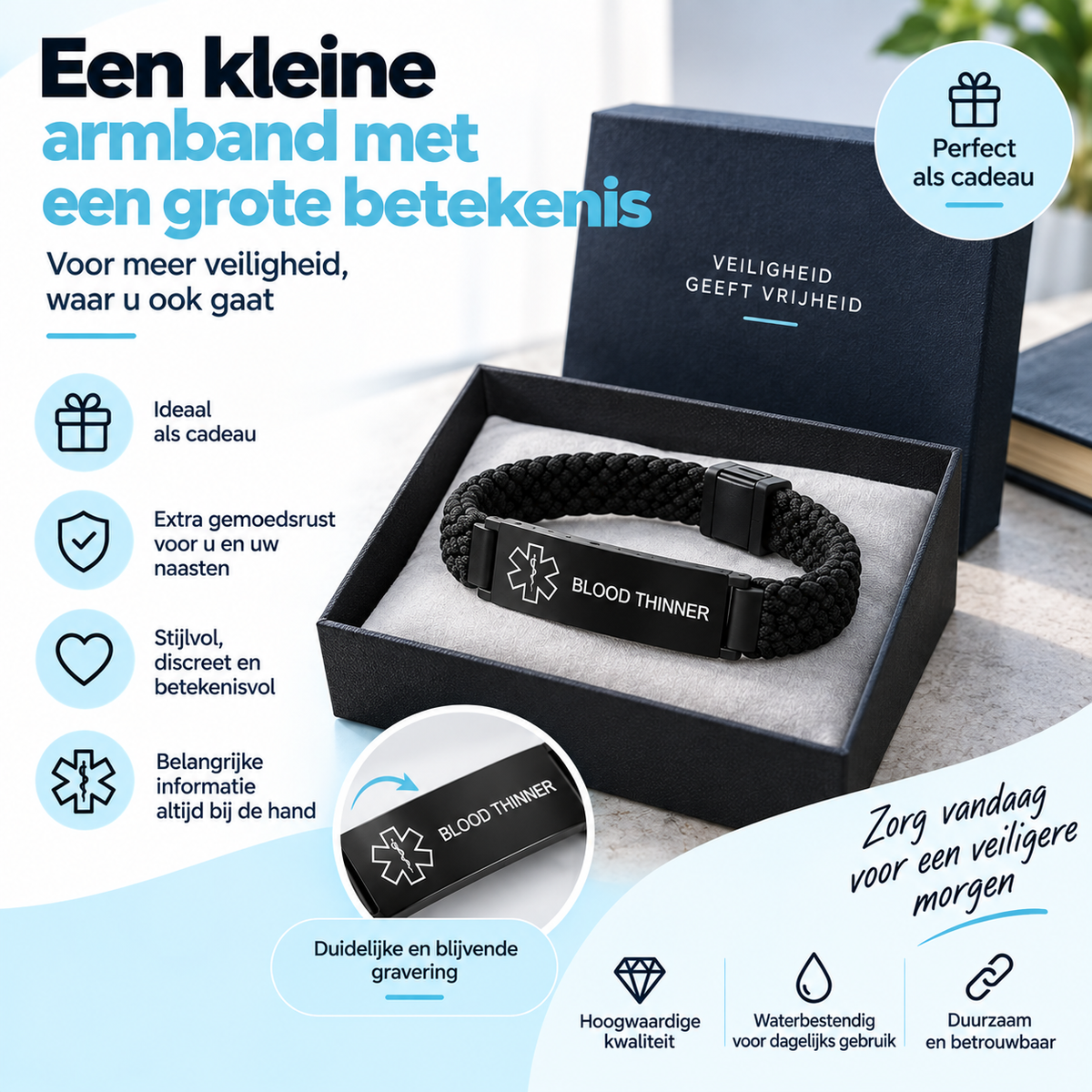 Fittershape Blood Thinner Medical Alert Bracelet – verstelbaar & waterbestendig
