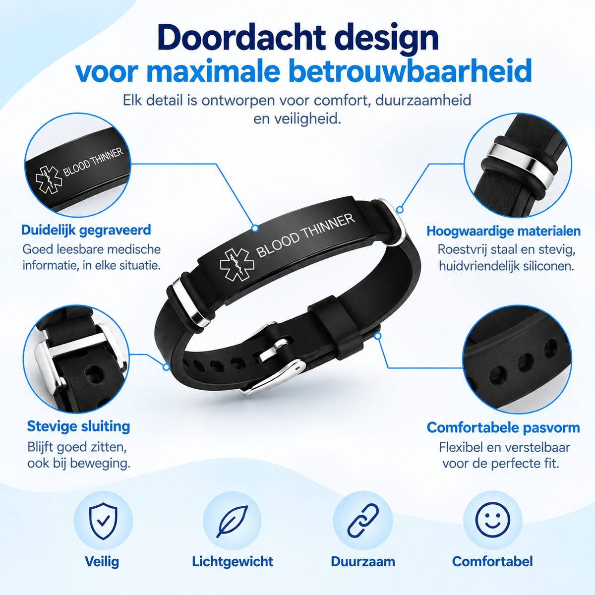 Fittershape Blood Thinner Medical Alert Bracelet – roestvrij staal & silicone voor dames