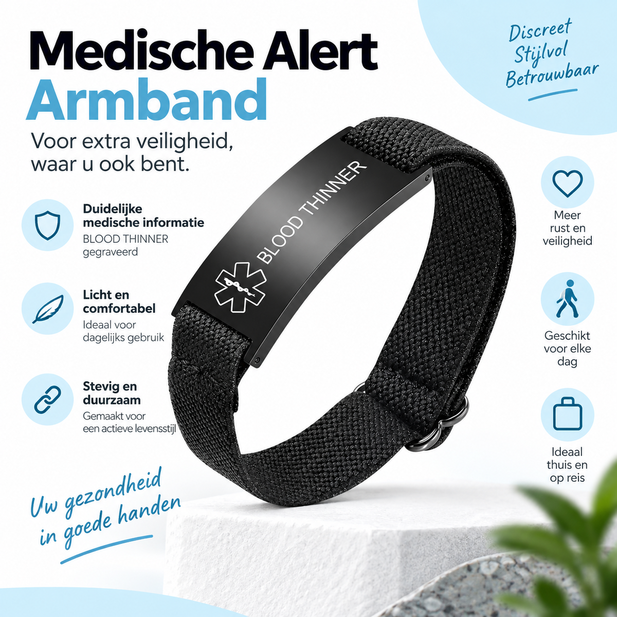 Fittershape Blood Thinner Medical Alert Bracelet – zwart voor heren