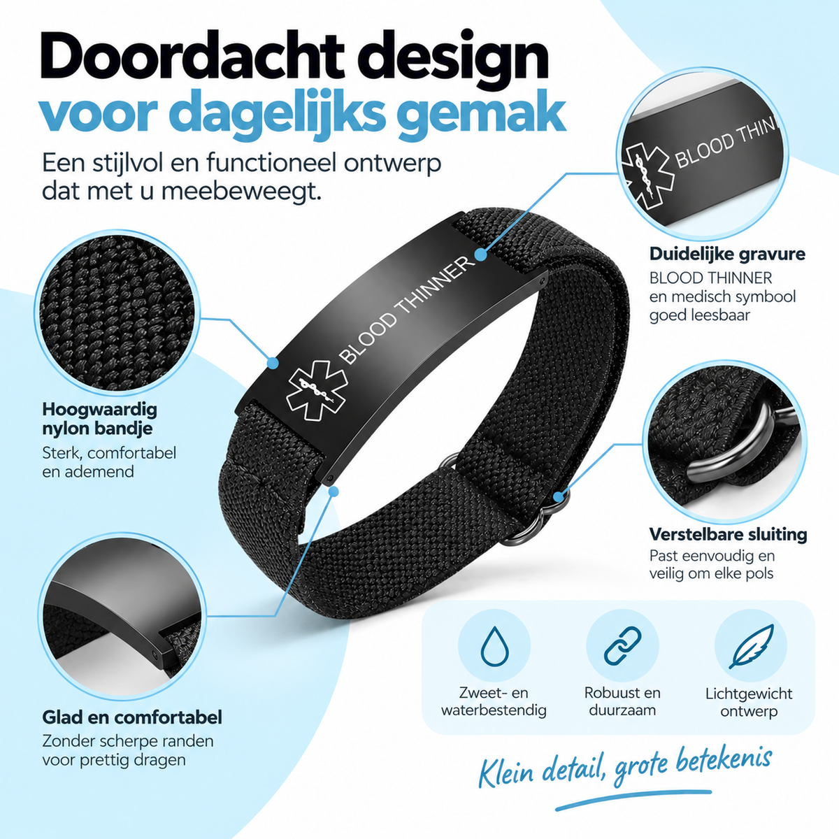 Fittershape Blood Thinner Medical Alert Bracelet – zwart voor heren