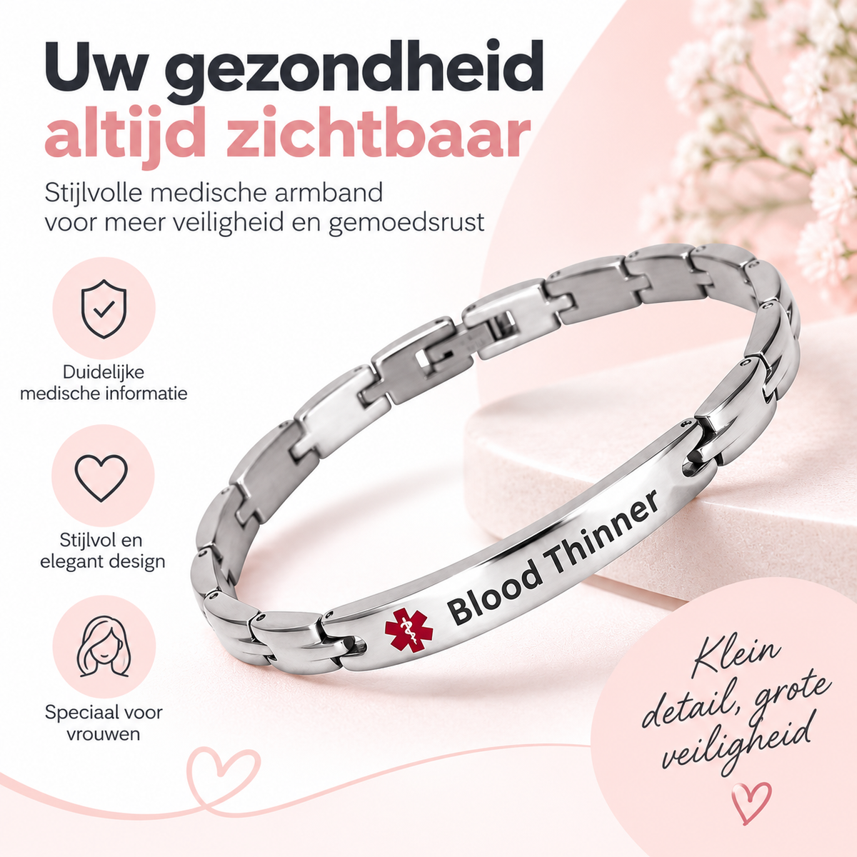 Fittershape Medical Alert ID Bracelet – chirurgisch staal voor dames (bloedverdunner)