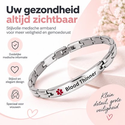 Fittershape Medical Alert ID Bracelet – chirurgisch staal voor dames (bloedverdunner)