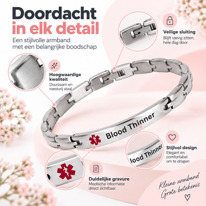 Fittershape Medical Alert ID Bracelet – chirurgisch staal voor dames (bloedverdunner)