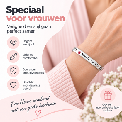 Fittershape Medical Alert ID Bracelet – chirurgisch staal voor dames (bloedverdunner)