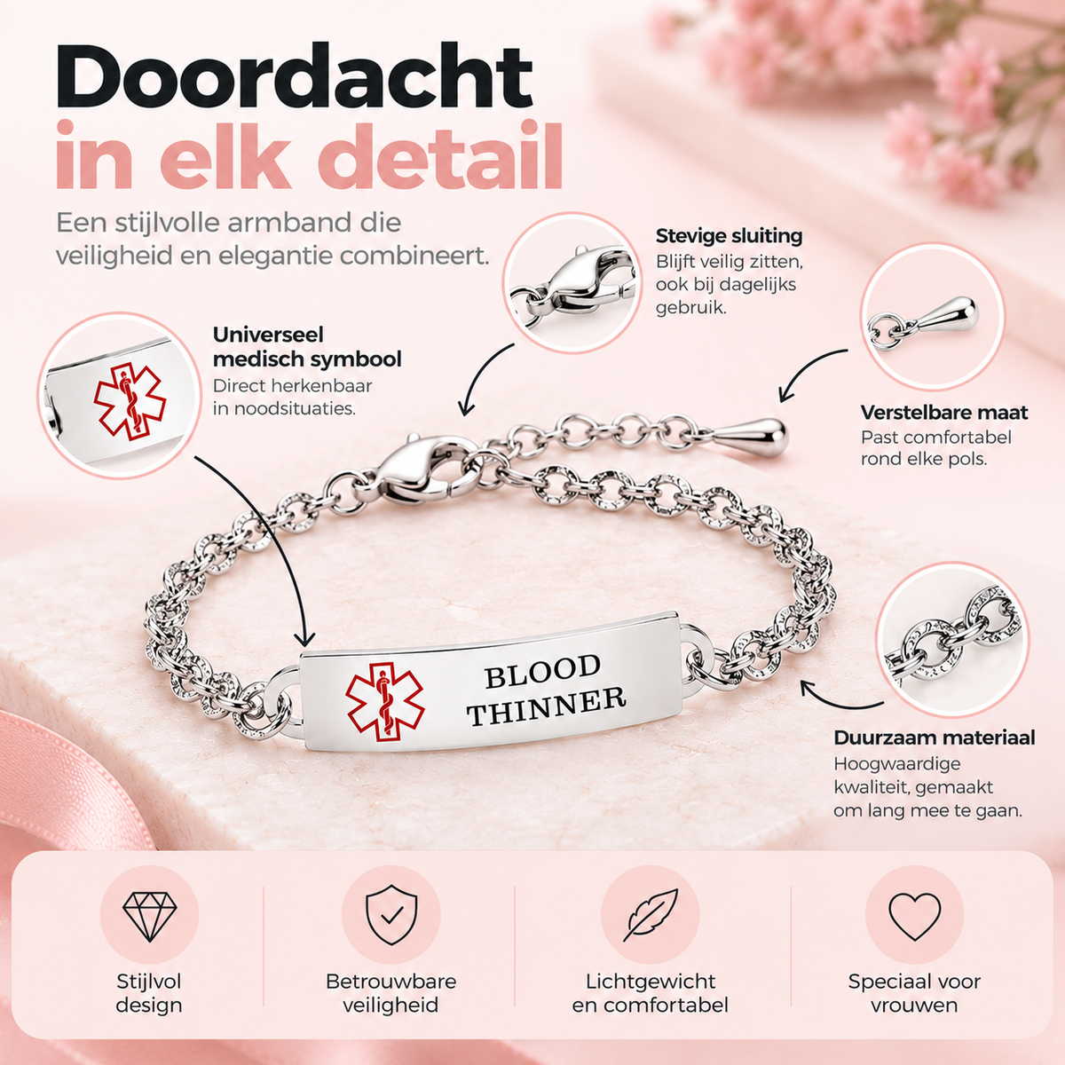 Fittershape Medical Alert Bracelet – verstelbaar & gepersonaliseerd voor dames