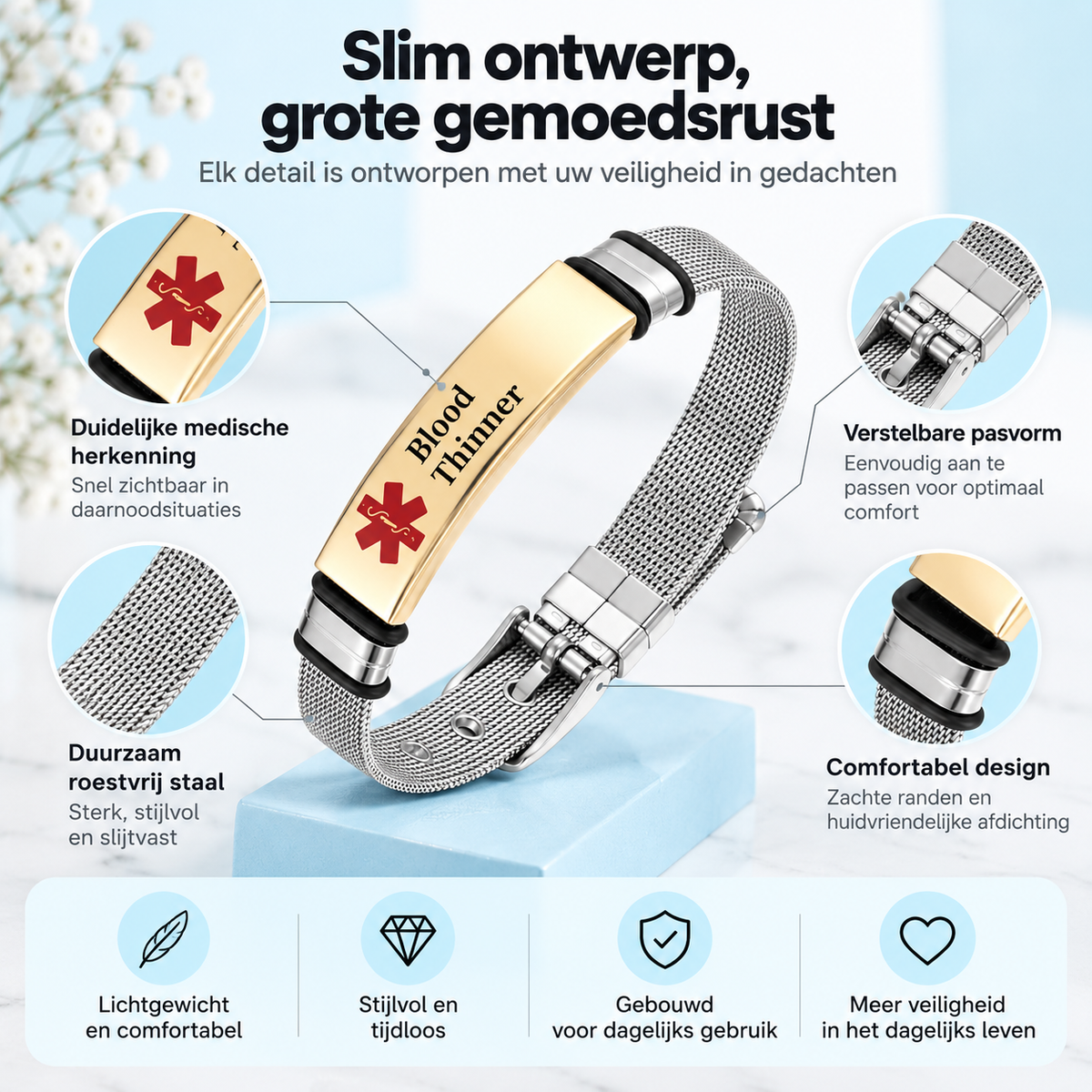 Fittershape Medical Alert ID Bracelet – roestvrij staal voor heren & dames