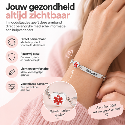 Fittershape Heart Medical Alert ID Bracelet – roestvrij staal voor dames