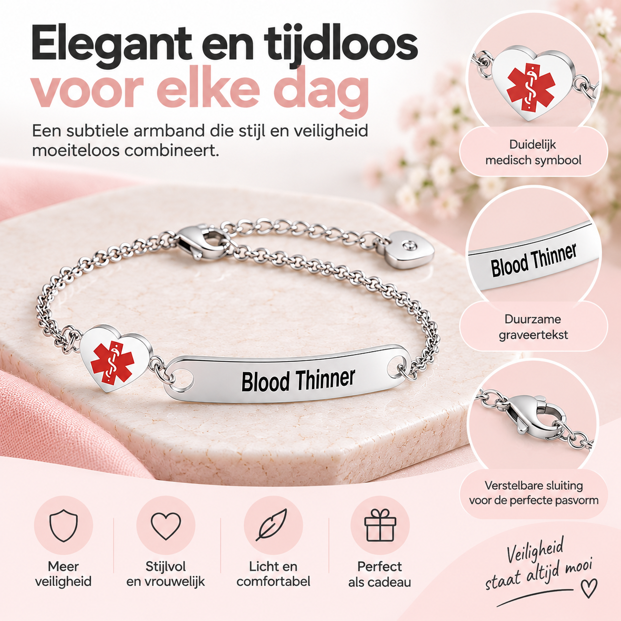 Fittershape Heart Medical Alert ID Bracelet – roestvrij staal voor dames