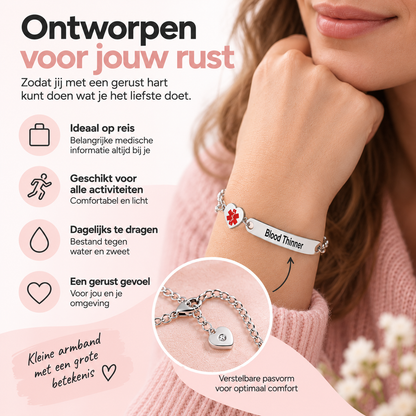 Fittershape Heart Medical Alert ID Bracelet – roestvrij staal voor dames