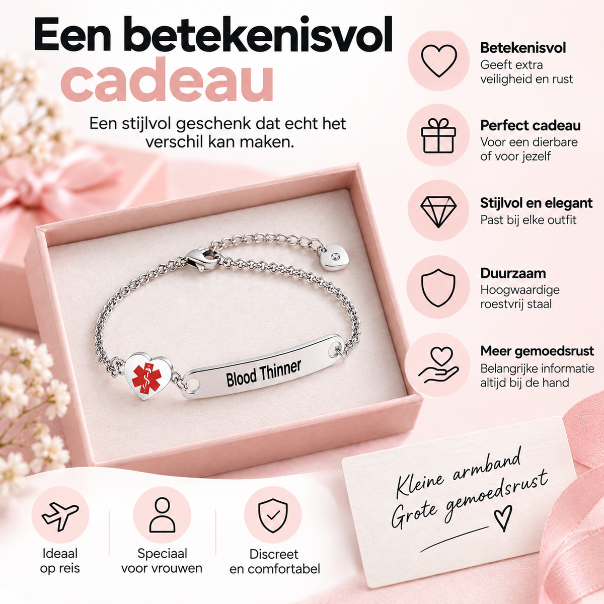 Fittershape Heart Medical Alert ID Bracelet – roestvrij staal voor dames