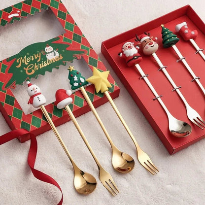 Kerst Bestek Set – Gouden Lepels en Vorken – Met Kerstfiguren