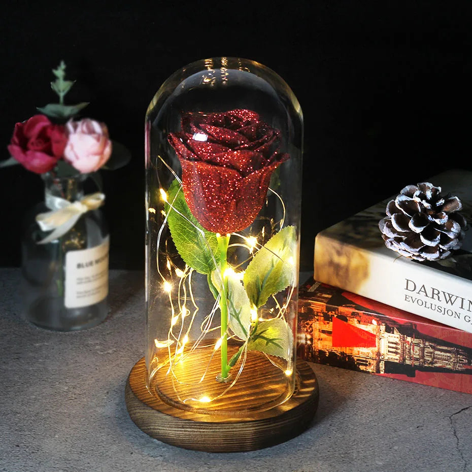 Verlichte Roos – Glazen Bedekking – Decoratie voor Huis en Geschenken
