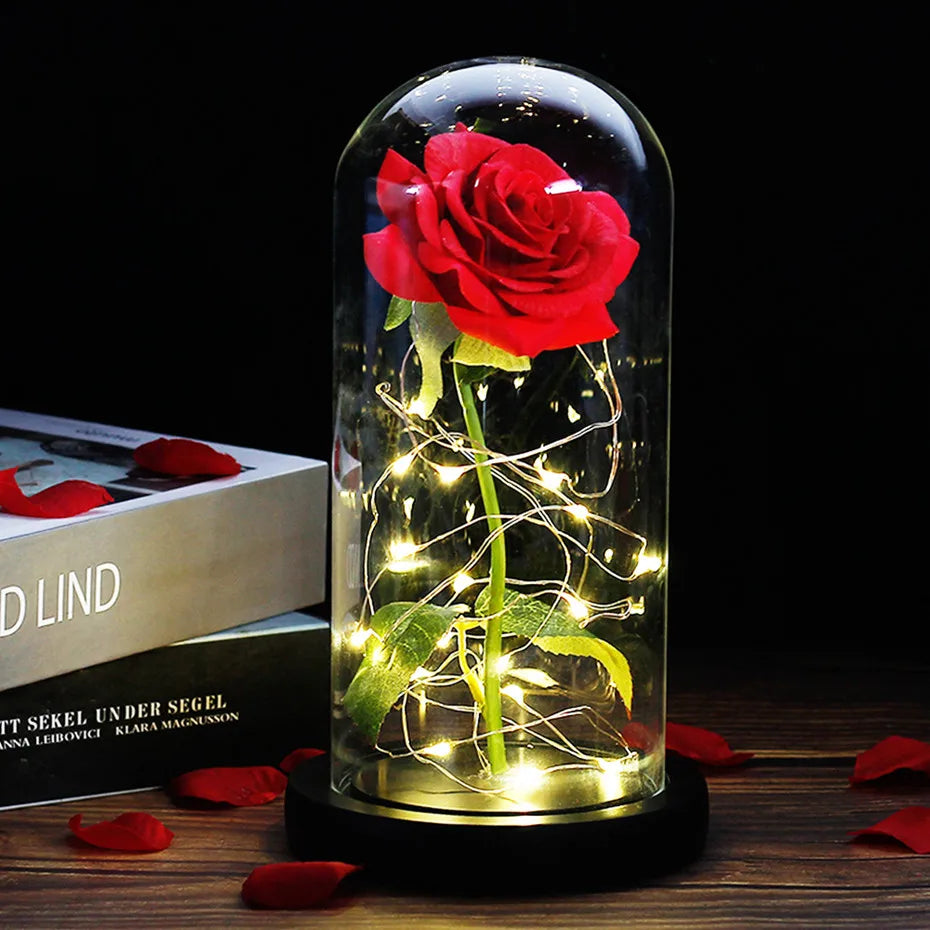 Verlichte Roos – Glazen Bedekking – Decoratie voor Huis en Geschenken