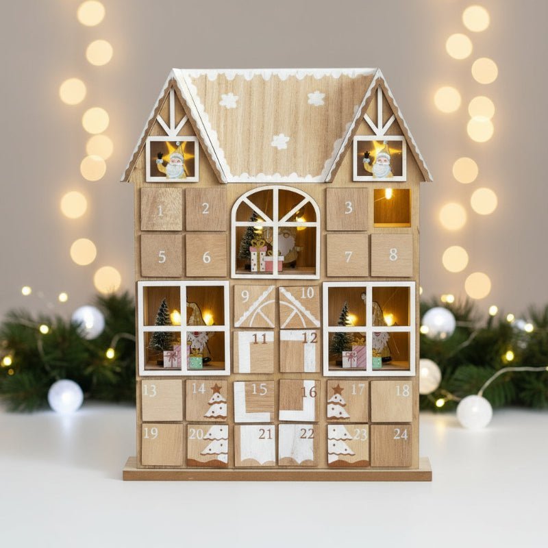 Kerst Adventskalender – Houten Huis – Met LED Verlichting – 24 Deurtjes