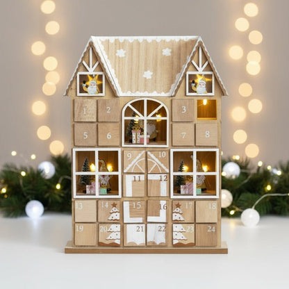 Kerst Adventskalender – Houten Huis – Met LED Verlichting – 24 Deurtjes