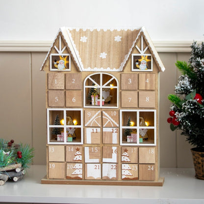 Kerst Adventskalender – Houten Huis – Met LED Verlichting – 24 Deurtjes