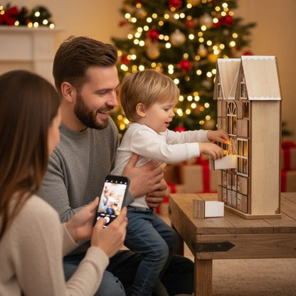 Kerst Adventskalender – Houten Huis – Met LED Verlichting – 24 Deurtjes