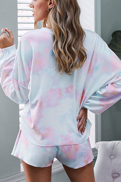 Dames 2-delige Pyjama Set met Tie-Dye Long Sleeve Top en Shorts