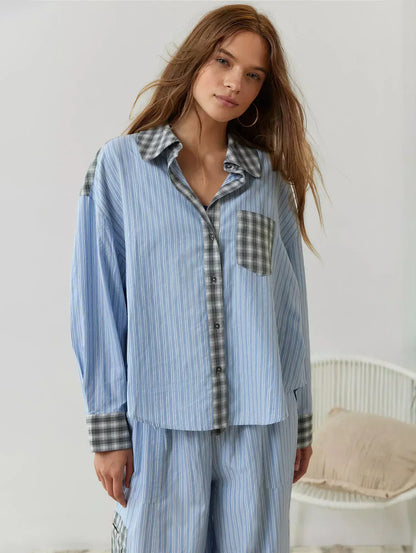Dames 2-Delige Pyjama Set - Lange Mouwen Knopen Shirt met Broek
