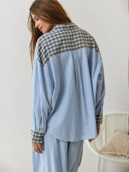 Dames 2-Delige Pyjama Set - Lange Mouwen Knopen Shirt met Broek