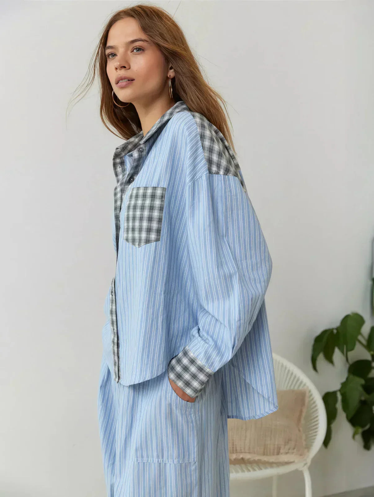 Dames 2-Delige Pyjama Set - Lange Mouwen Knopen Shirt met Broek