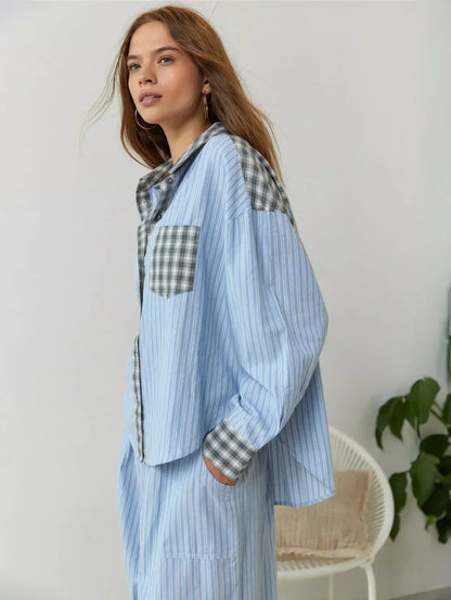 Dames 2-Delige Pyjama Set - Lange Mouwen Knopen Shirt met Broek