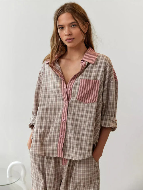 Dames 2-Delige Pyjama Set - Lange Mouwen Knopen Shirt met Broek