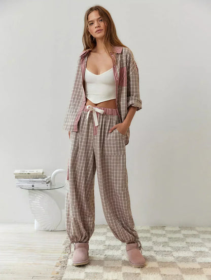 Dames 2-Delige Pyjama Set - Lange Mouwen Knopen Shirt met Broek