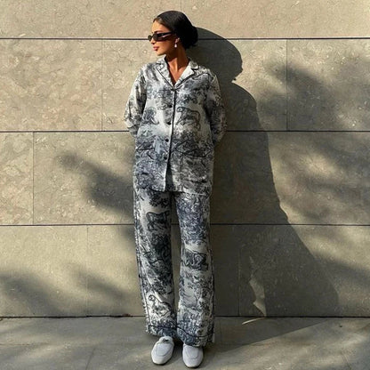 Bedrukte Satijnen Pyjama Set - Luxe en Comfort voor Dames