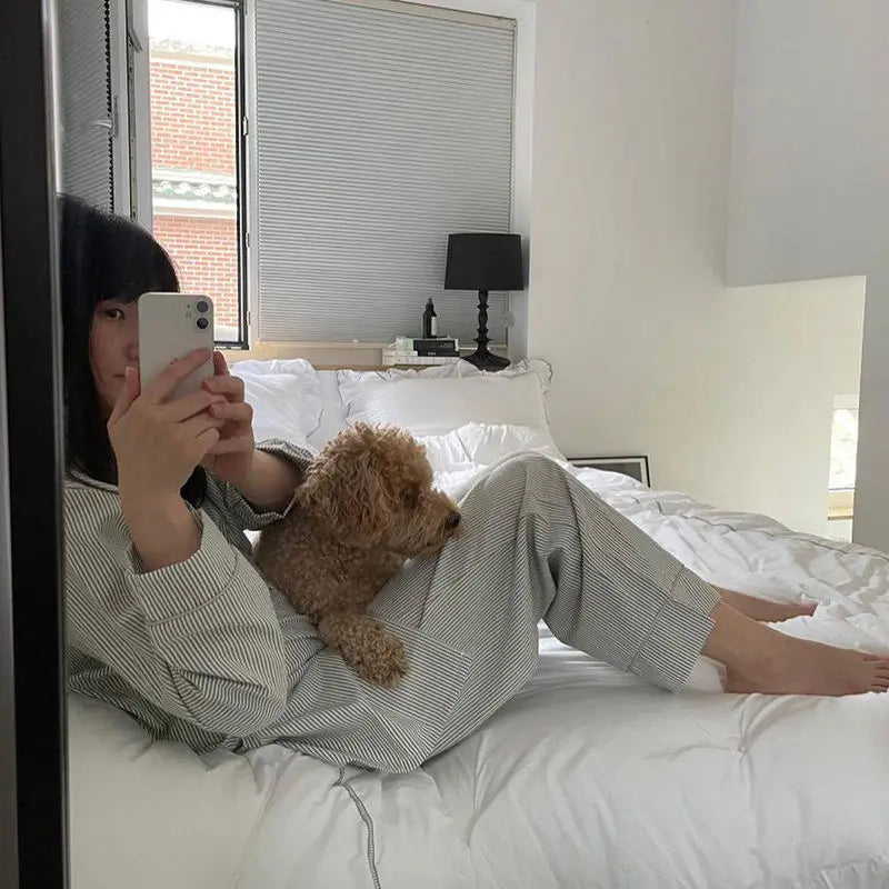 Dames 2-Delige Pyjama Set - Gestreept Lange Mouwen Top met Broek