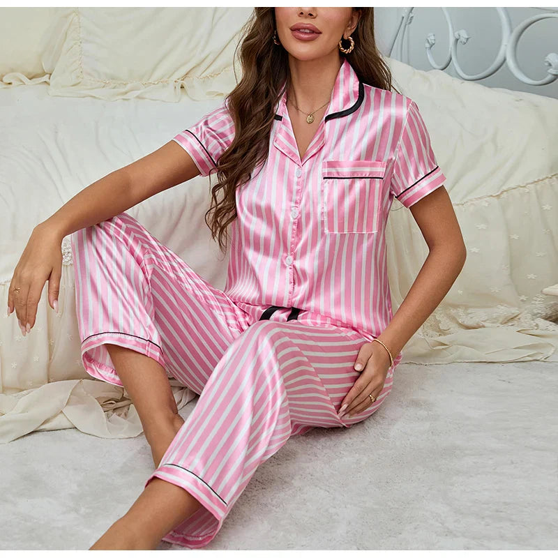 Dames Roze 2-Delige Pyjama Set - Gestreept Shirt met Broek