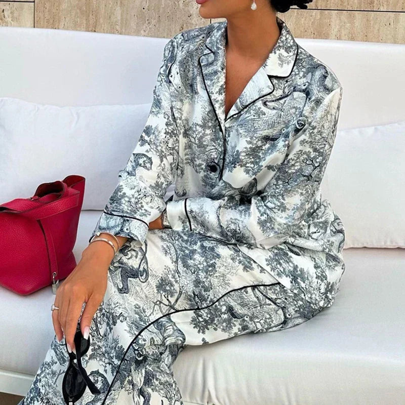 Bedrukte Satijnen Pyjama Set - Luxe en Comfort voor Dames